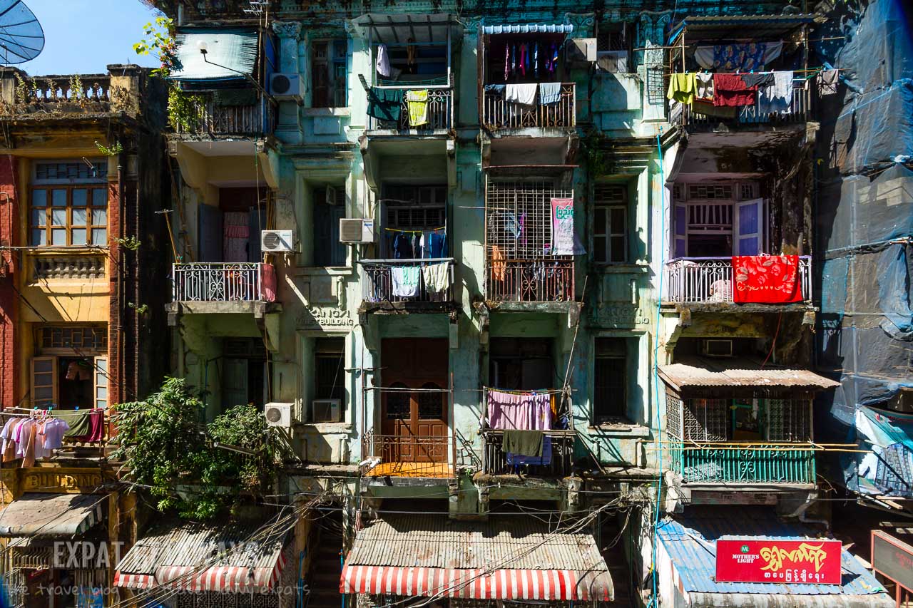 Low rise apartment buildings in downtown Yangon, Myanmar. 