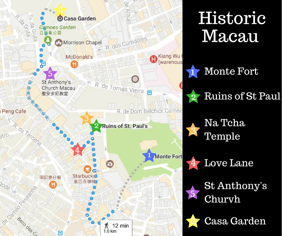 A self-guided walking map of historic Macau taking in the Ruins of St Pauls and the surrounding St Anthony's Parish. 