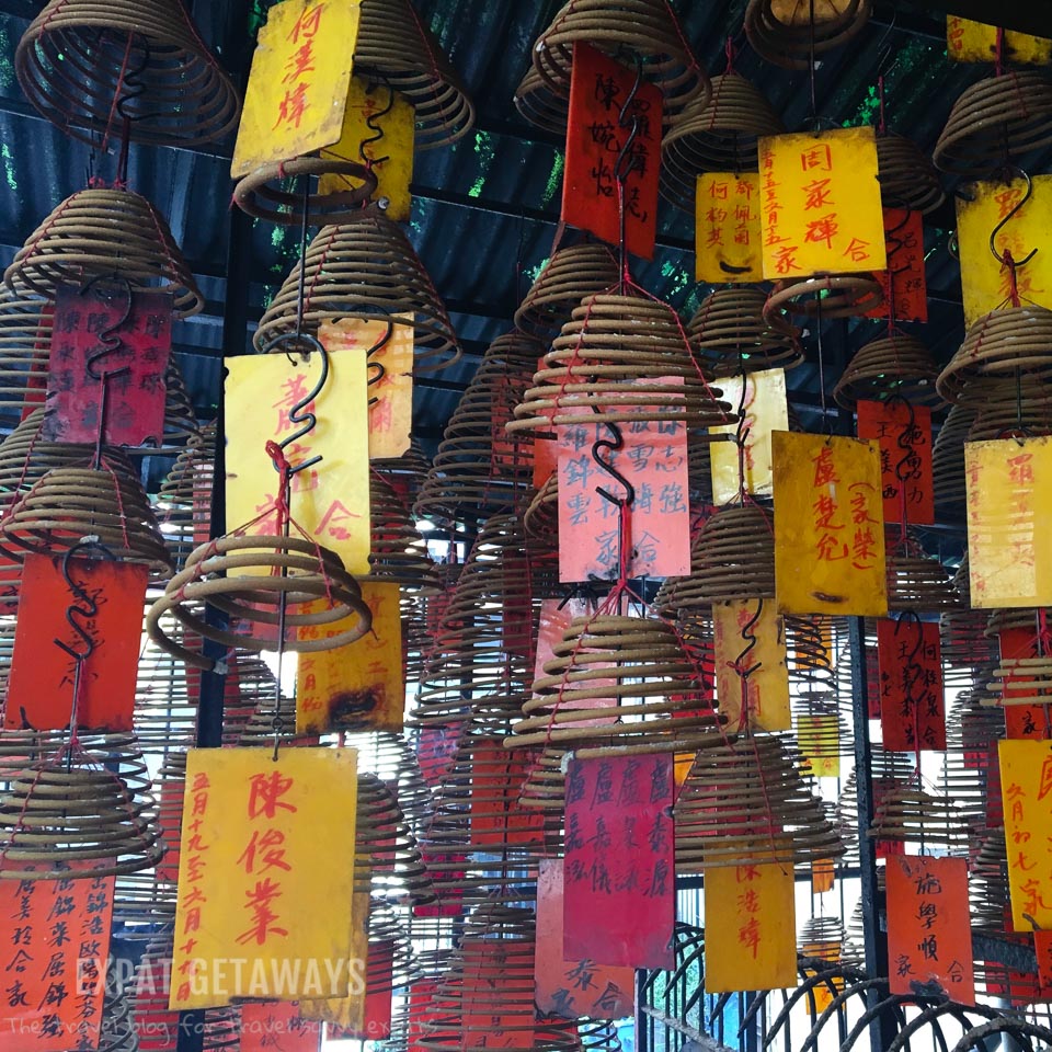 Incense coils hang from the ceiling of the Pak Shing Temple in Tai Ping Shan, Hong Kong.