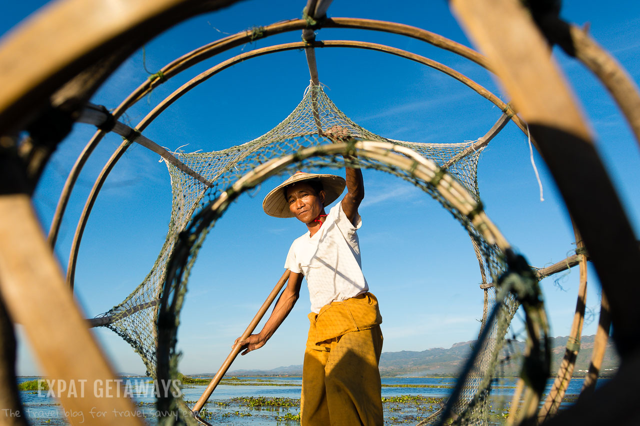Looking through a traditional fishing net on Inle Lake, Myanmar. 