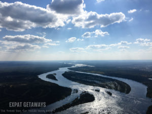 The view of the mighty Zambezi River in full flow. The best view is by helicopter. Victoria Falls, Zimbabwe.